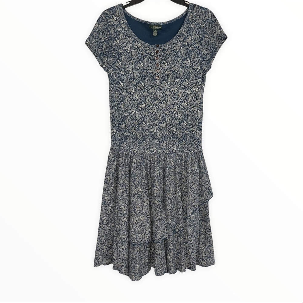 Lauren Ralph Lauren Blue White Floral‎ Flutter Mini Dress Size Small Western
